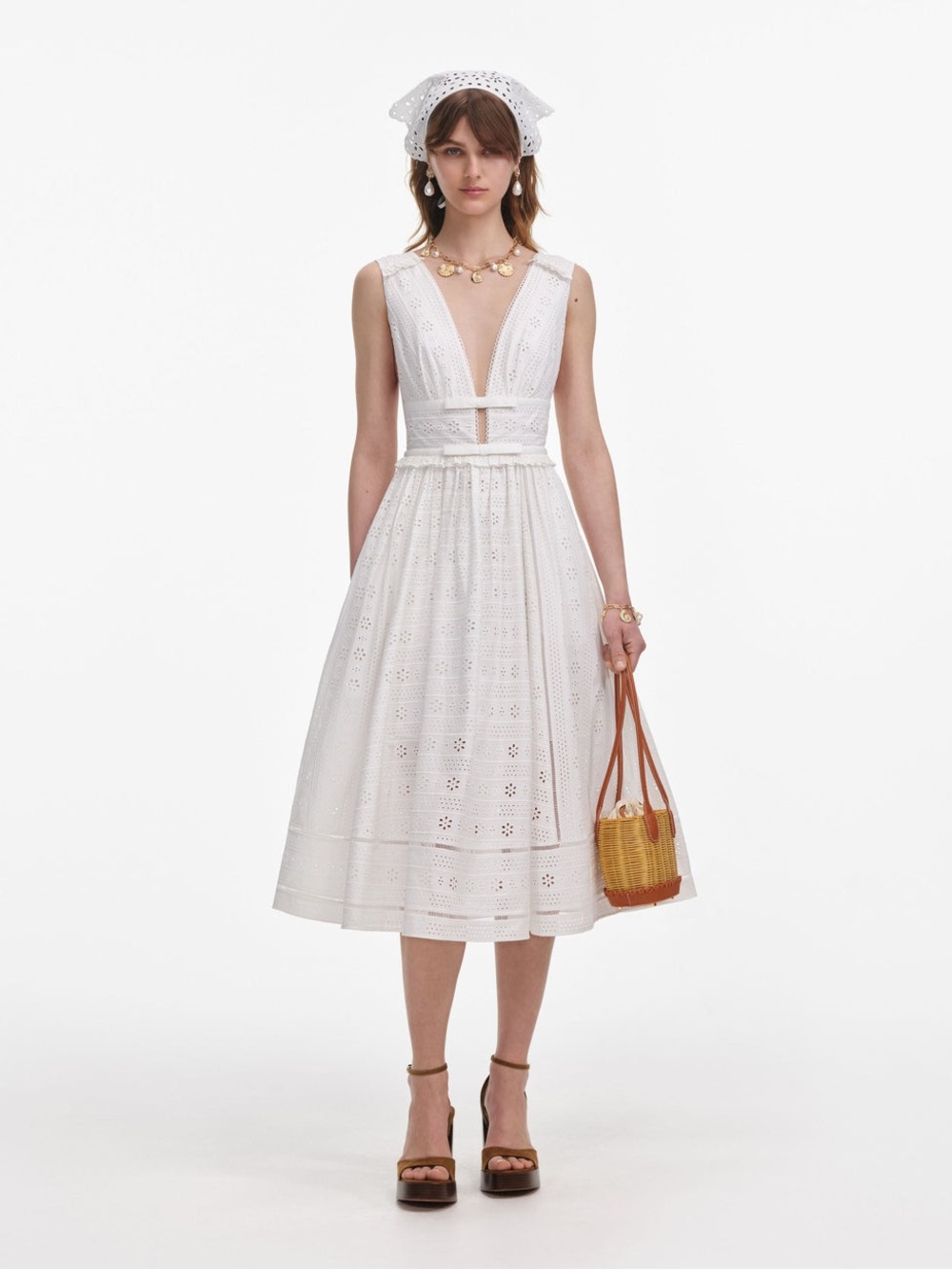 Self-Portrait White Eyelet V‑Neck Midi Dress